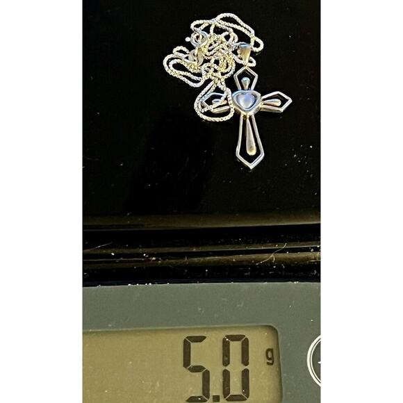 Sterling Silver FACETED STONE CROSS w Center Stone Pendant 925 MO & Necklace VTG - Picture 13 of 14